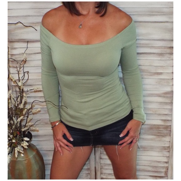 Off Shoulder Form Fitting Top Sage Green 1318 - Picture 2 of 5